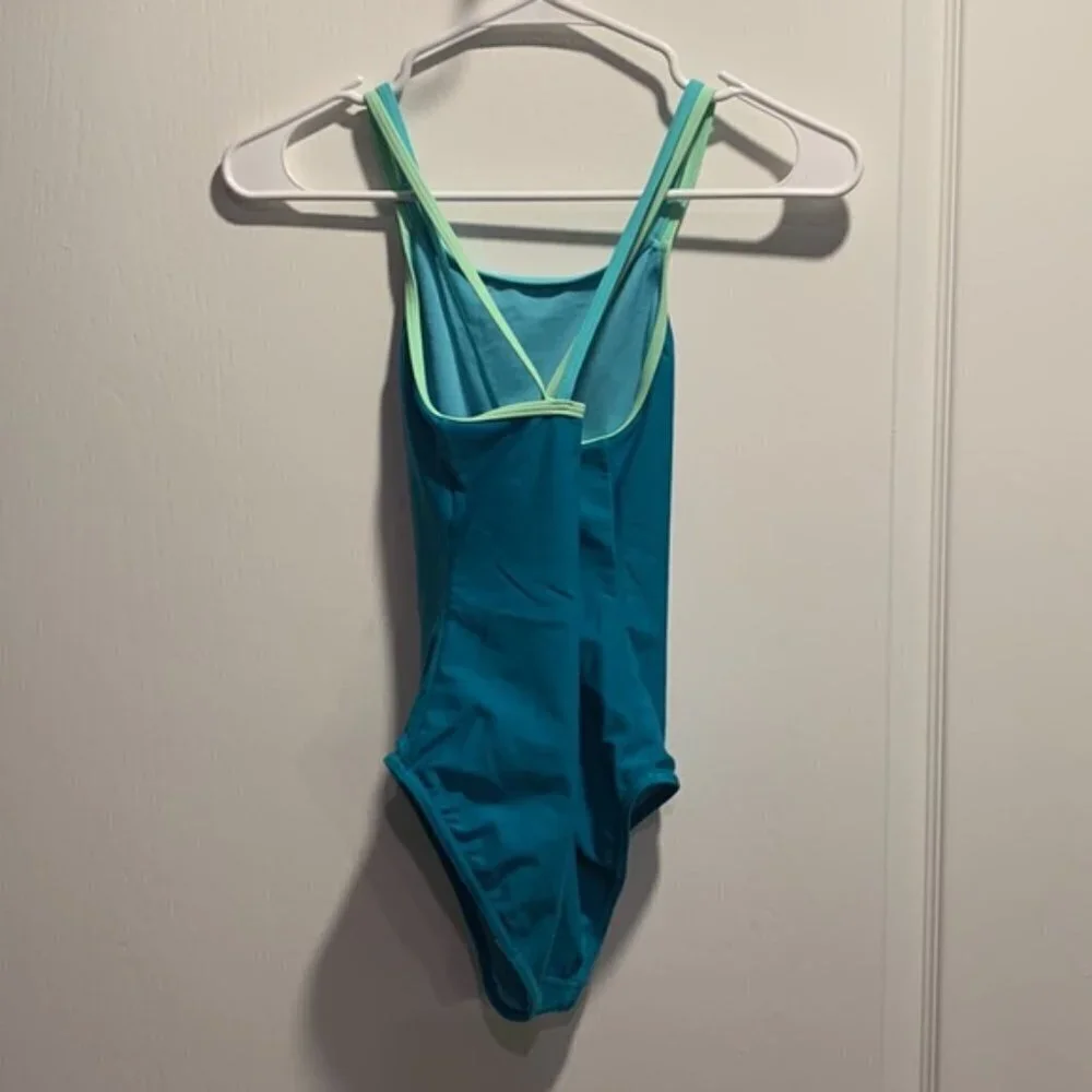 Girl's Speedo Criss Cross Swimsuit Teal Double Strap Size 12 EUC #7253